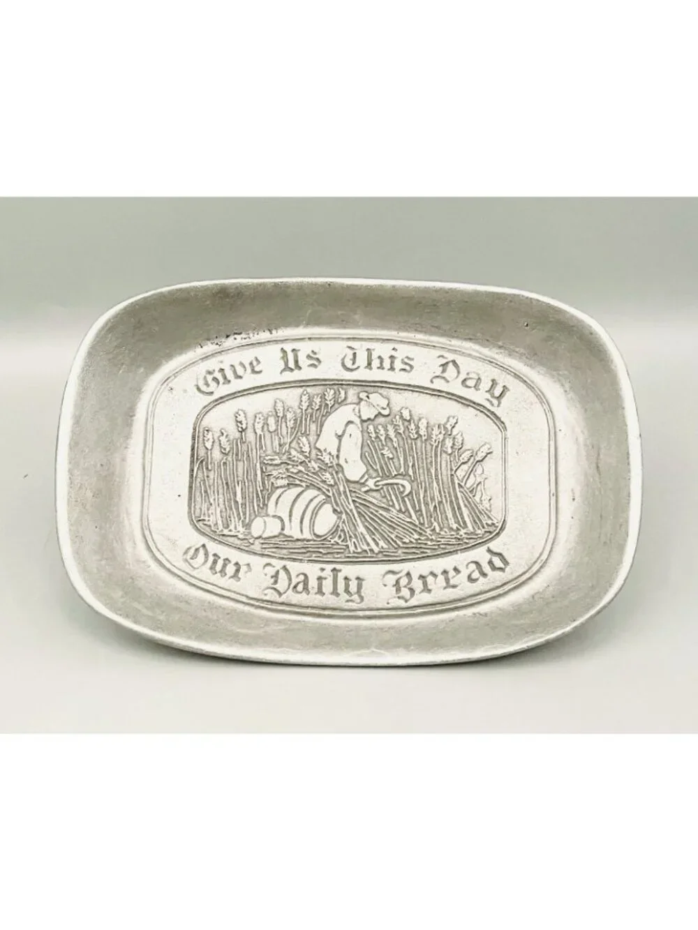 MCM Pewter Bread Tray “Give Us This Day Our Daily Bread” Vintage Farmhouse 8.5x6